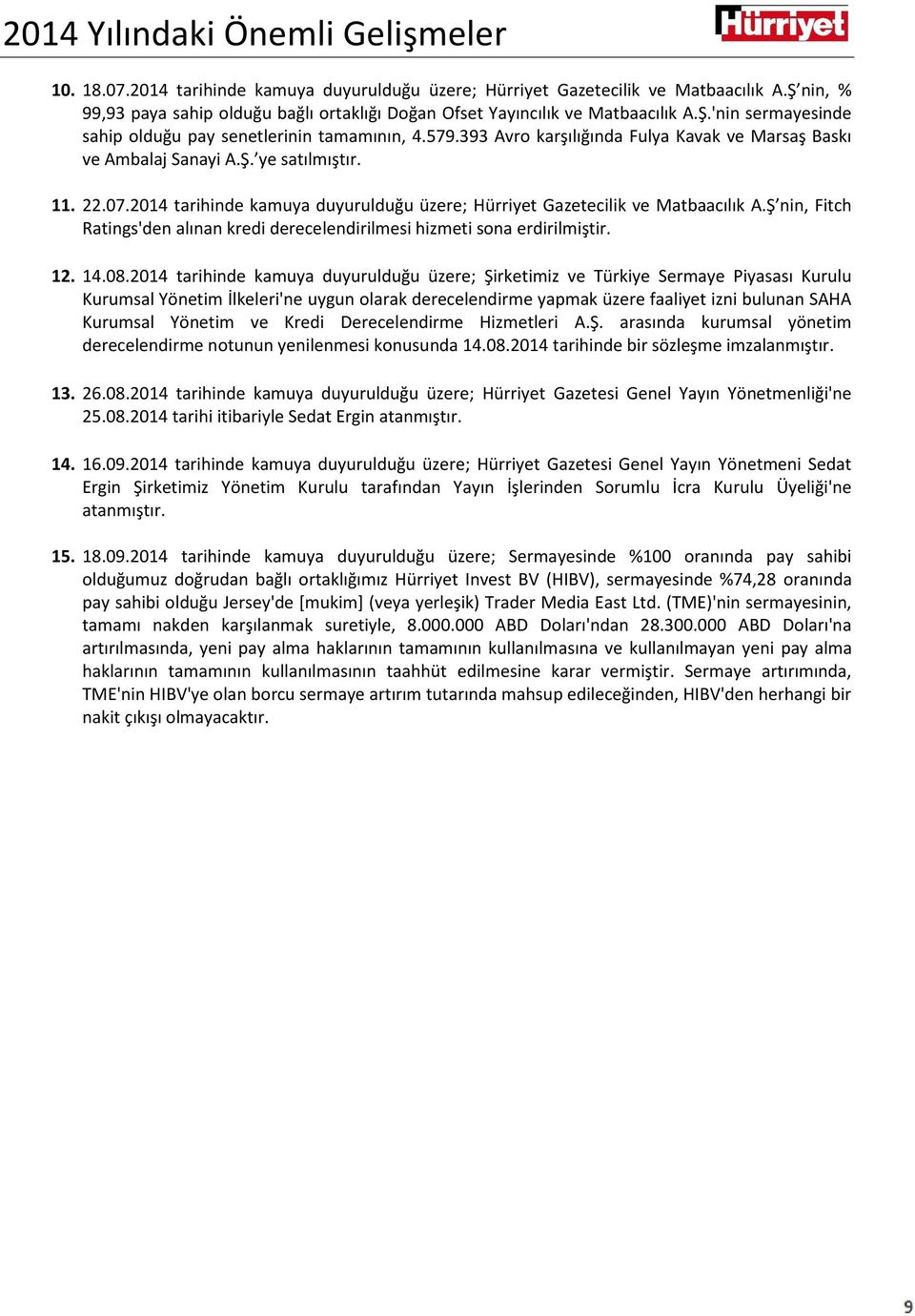 393 Avro karşılığında Fulya Kavak ve Marsaş Baskı ve Ambalaj Sanayi A.Ş. ye satılmıştır. 11. 22.07.2014 tarihinde kamuya duyurulduğu üzere; Hürriyet Gazetecilik ve Matbaacılık A.