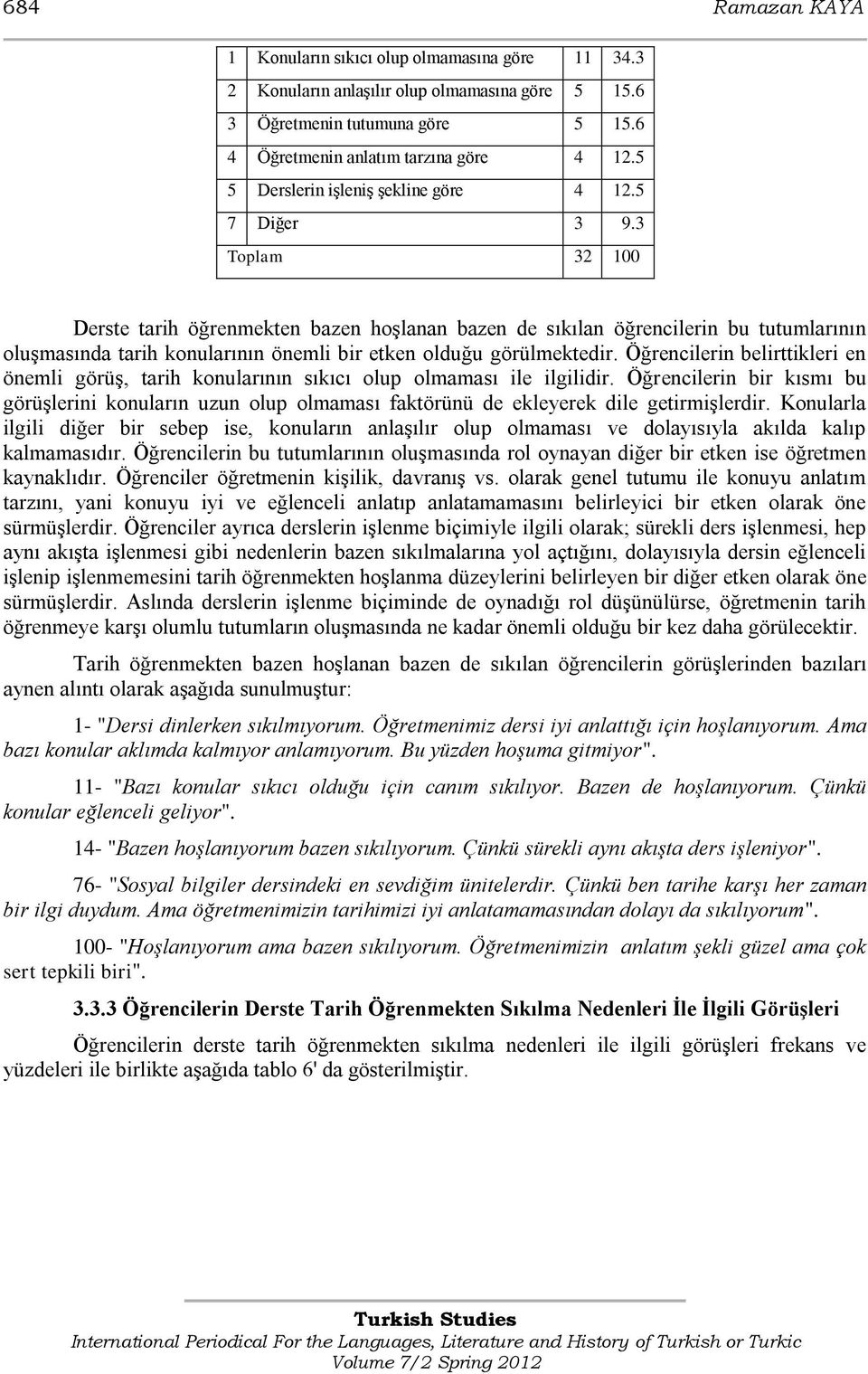 3 Toplam 32 100 Derste tarih öğrenmekten bazen hoģlanan bazen de sıkılan öğrencilerin bu tutumlarının oluģmasında tarih konularının önemli bir etken olduğu görülmektedir.