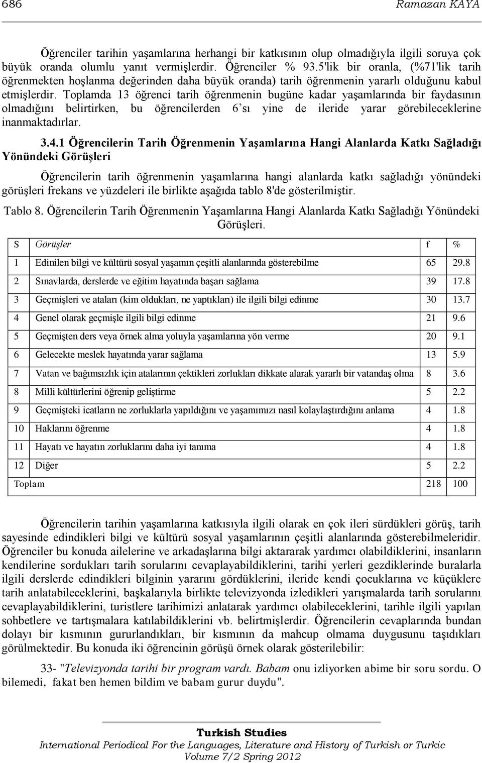 Toplamda 13 öğrenci tarih öğrenmenin bugüne kadar yaģamlarında bir faydasının olmadığını belirtirken, bu öğrencilerden 6 sı yine de ileride yarar görebileceklerine inanmaktadırlar. 3.4.