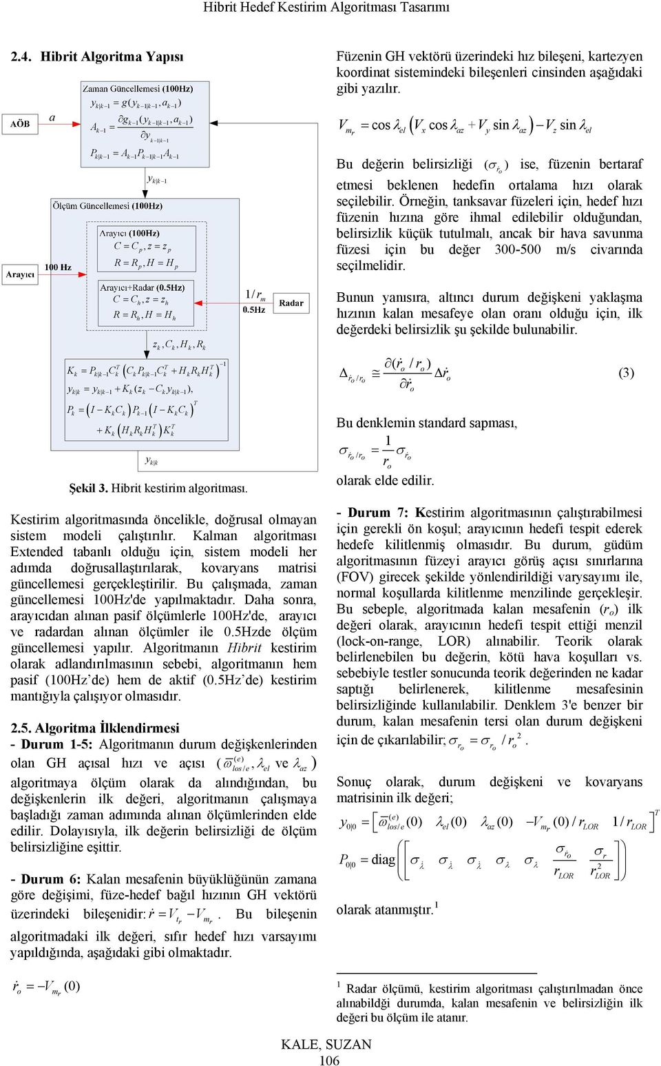 kk 1 Pk I KkCk Pk I KkCk p kk 1 1 Kk HkRkHk Kk y C Ch, z zh R R, H H h y kk h p zk, Ck, Hk, Rk Şkil 3. Hibit kstiim algitması. 1/ m Kstiim algitmasında önclikl, dğusal lmayan sistm mdli çalıştıılı.