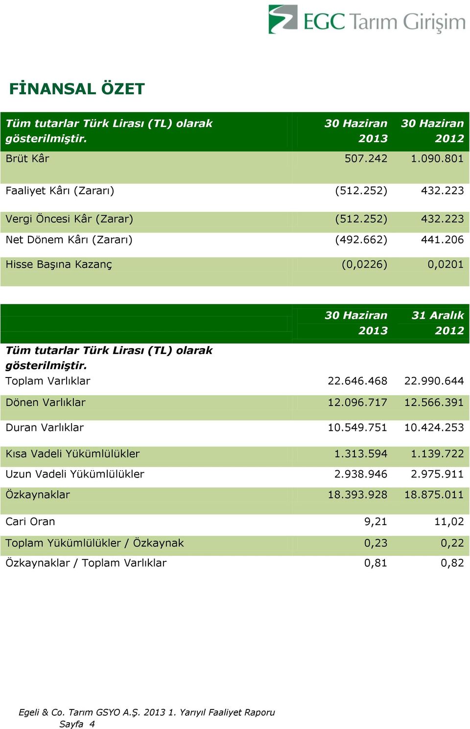 206 Hisse Başına Kazanç (0,0226) 0,0201 30 Haziran 2013 31 Aralık 2012 Tüm tutarlar Türk Lirası (TL) olarak gösterilmiştir. Toplam Varlıklar 22.646.468 22.990.
