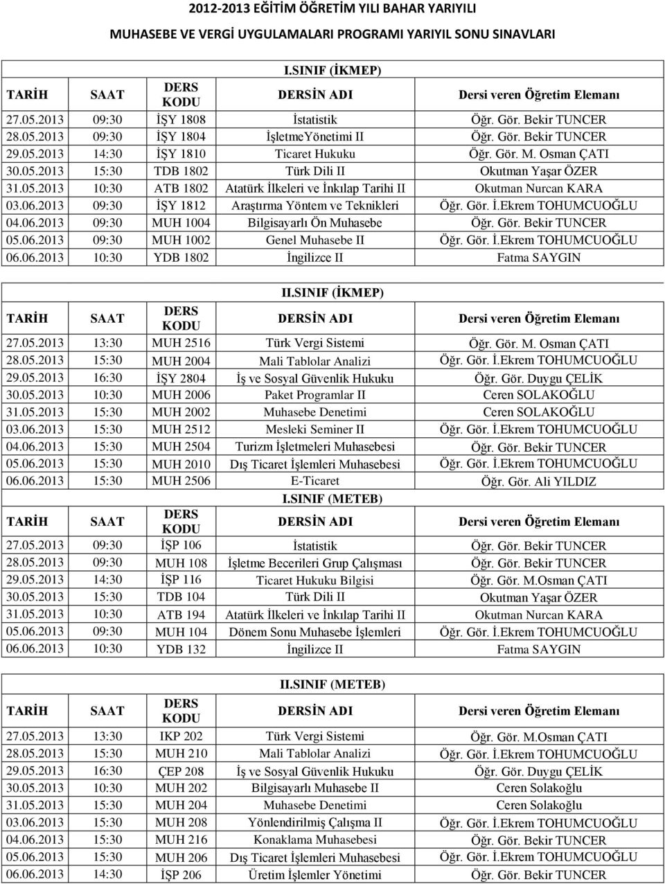 Gör. Bekir TUNCER 05.06.2013 09:30 MUH 1002 Genel Muhasebe II Öğr. Gör. İ.Ekrem TOHUMCUOĞLU I İN ADI 27.05.2013 13:30 MUH 2516 Türk Vergi Sistemi Öğr. Gör. M. Osman ÇATI 28.05.2013 15:30 MUH 2004 Mali Tablolar Analizi Öğr.