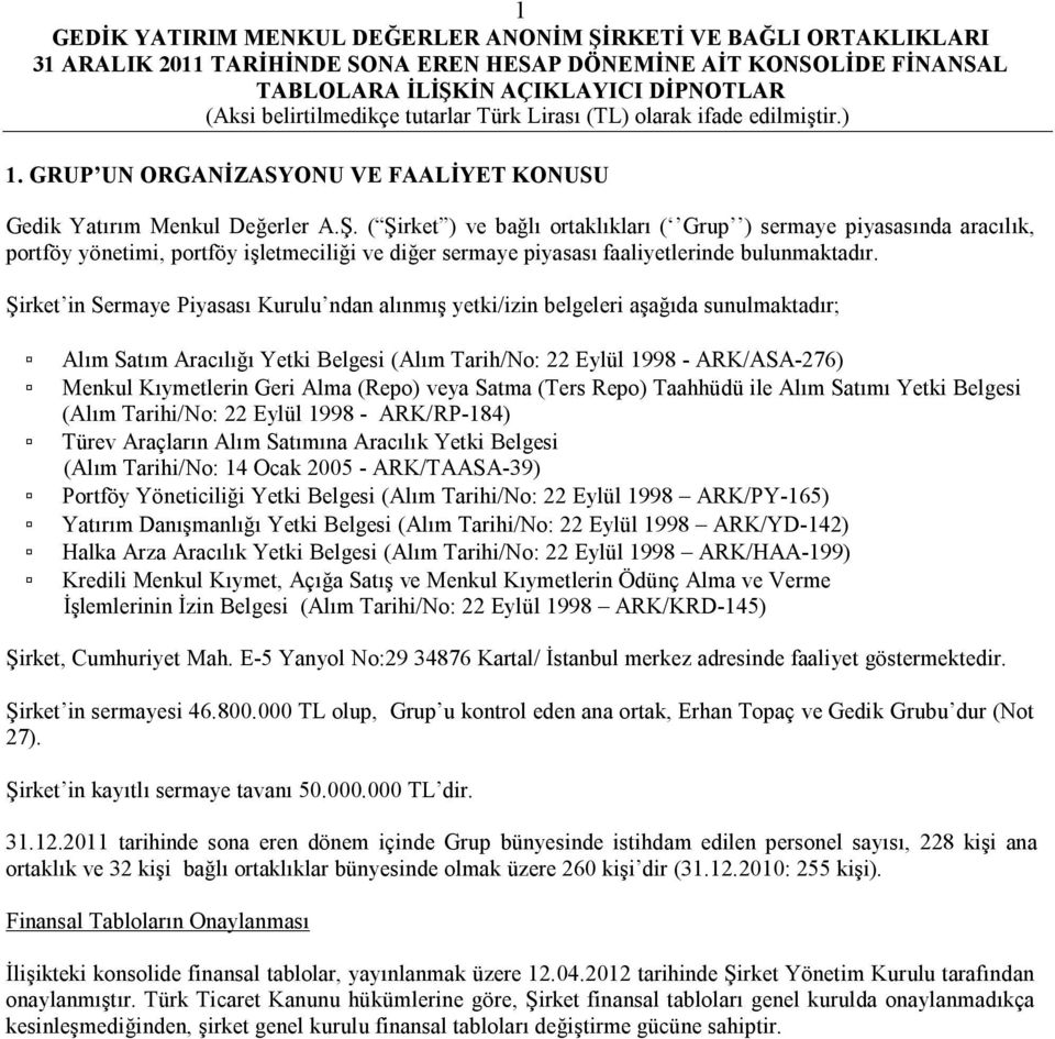 Şirket in Sermaye Piyasası Kurulu ndan alınmış yetki/izin belgeleri aşağıda sunulmaktadır; Alım Satım Aracılığı Yetki Belgesi (Alım Tarih/No: 22 Eylül 1998 - ARK/ASA-276) Menkul Kıymetlerin Geri Alma