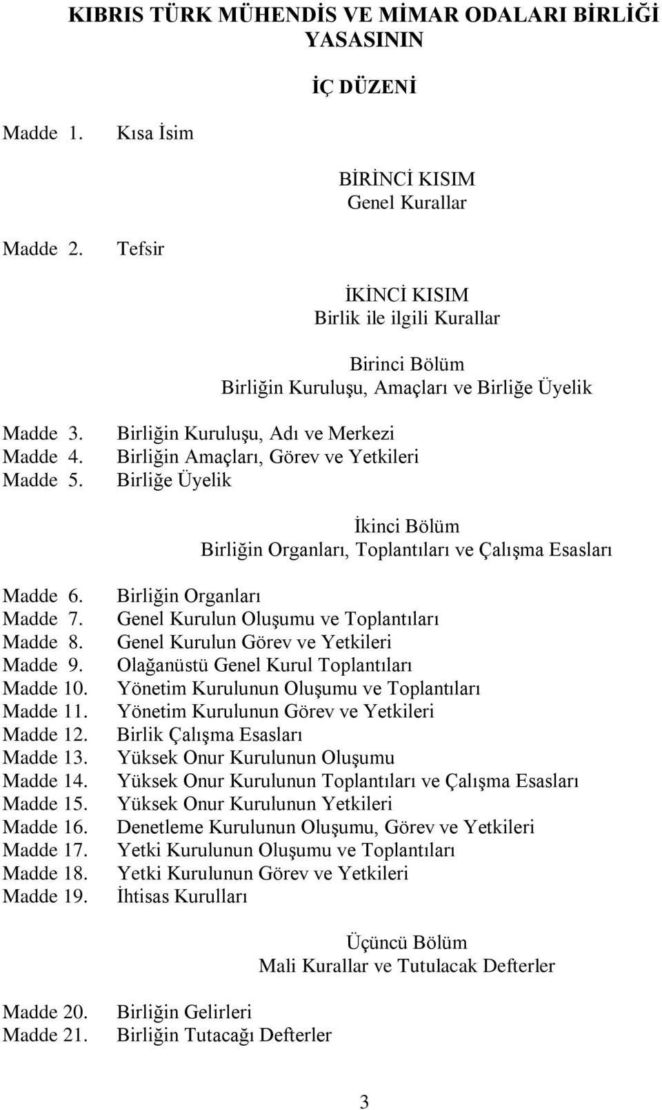 Birliğin Kuruluşu, Adı ve Merkezi Birliğin Amaçları, Görev ve Yetkileri Birliğe Üyelik İkinci Bölüm Birliğin Organları, Toplantıları ve Çalışma Esasları Madde 6. Madde 7. Madde 8. Madde 9. Madde 10.