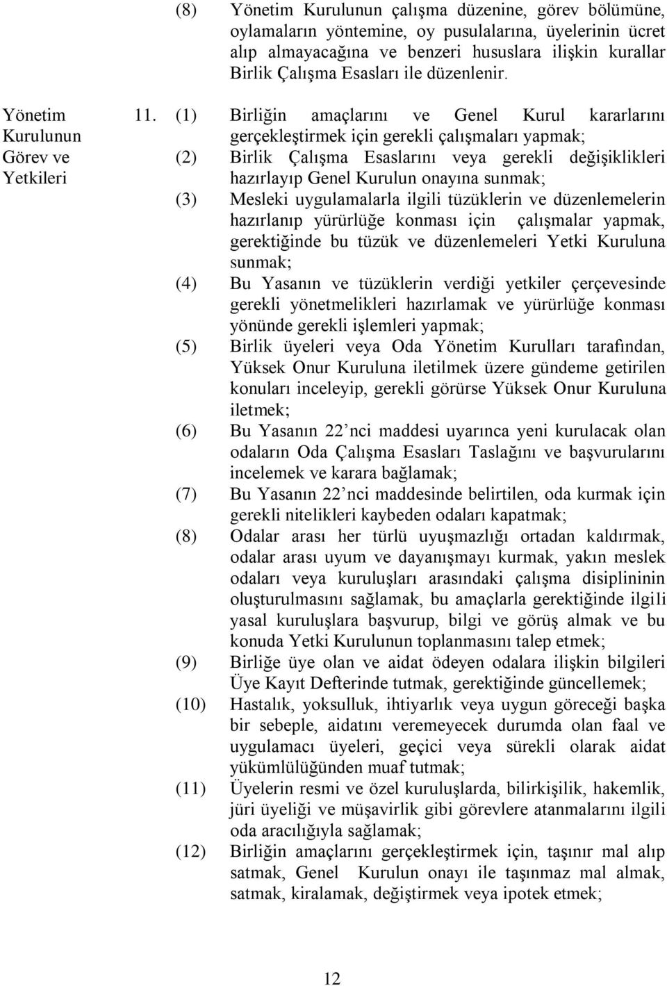 (1) Birliğin amaçlarını ve Genel Kurul kararlarını gerçekleştirmek için gerekli çalışmaları yapmak; (2) Birlik Çalışma Esaslarını veya gerekli değişiklikleri hazırlayıp Genel Kurulun onayına sunmak;