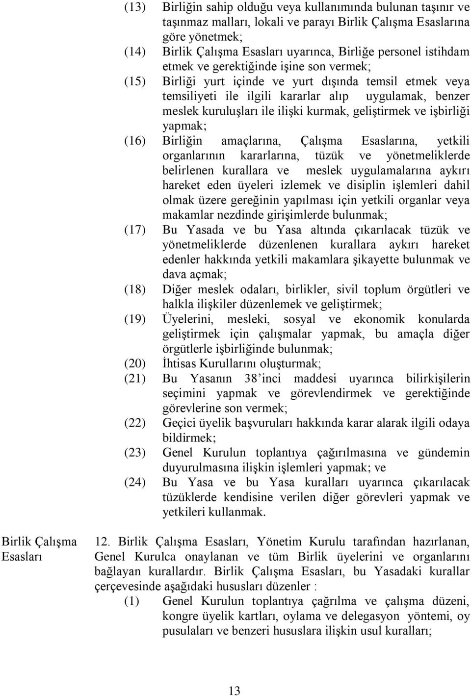 kurmak, geliştirmek ve işbirliği yapmak; (16) Birliğin amaçlarına, Çalışma Esaslarına, yetkili organlarının kararlarına, tüzük ve yönetmeliklerde belirlenen kurallara ve meslek uygulamalarına aykırı