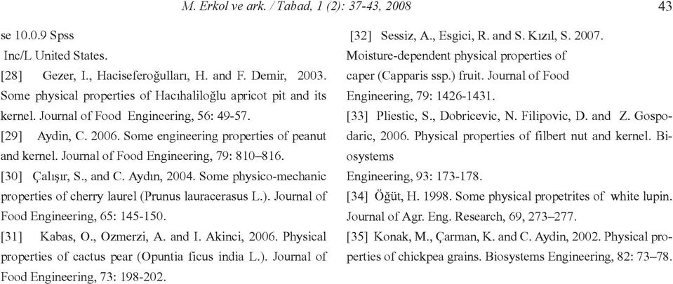 Journal of Food Engineering, 79: 810 816. [30] Çalışır, S., and C. Aydın, 2004. Some physico-mechanic properties of cherry laurel (Prunus lauracerasus L.). Journal of Food Engineering, 65: 145-150.