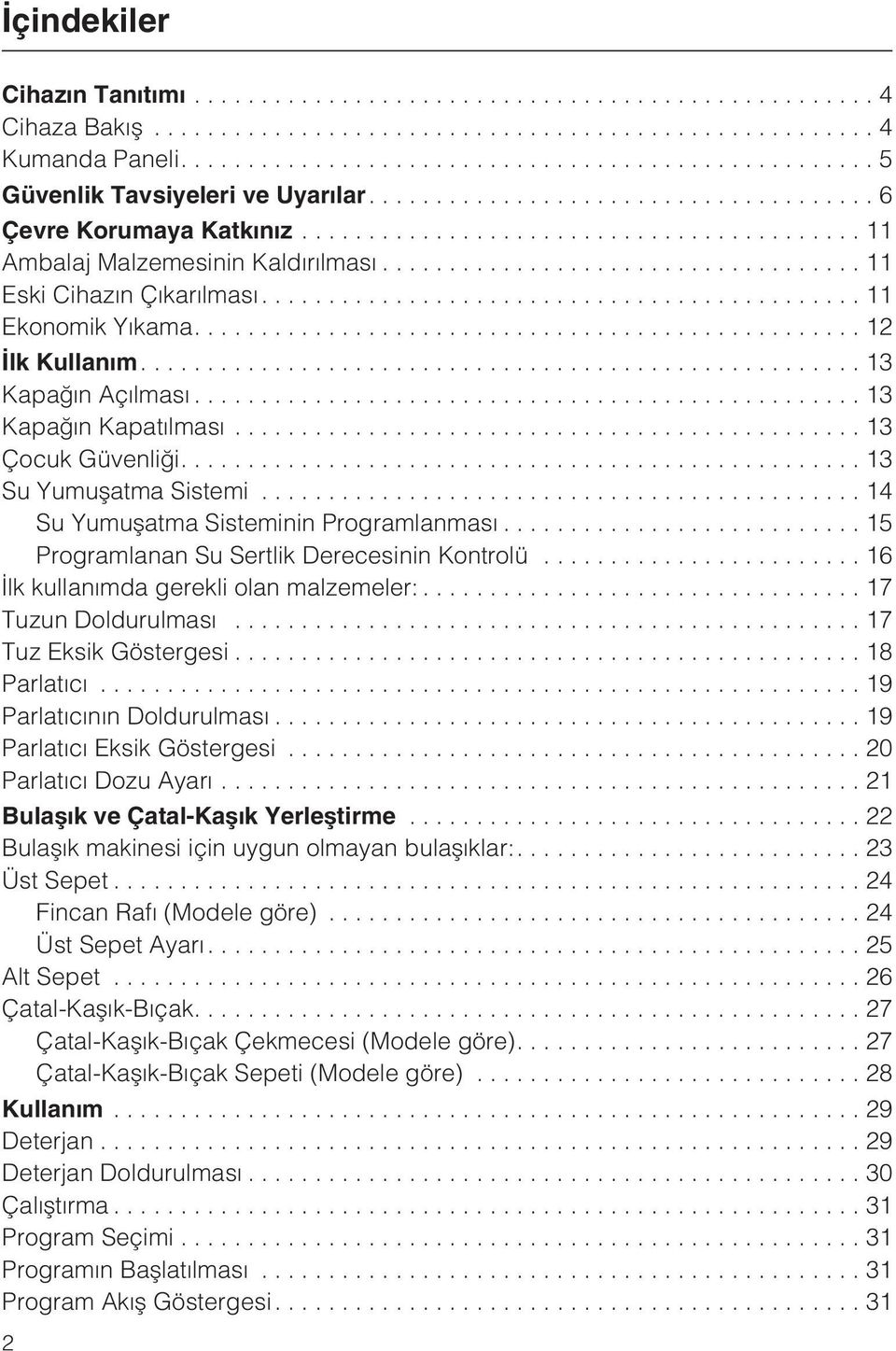 ..15 Programlanan Su Sertlik Derecesinin Kontrolü...16 Ýlk kullanýmda gerekli olan malzemeler:... 17 Tuzun Doldurulmasý...17 Tuz Eksik Göstergesi...18 Parlatýcý...19 Parlatýcýnýn Doldurulmasý.