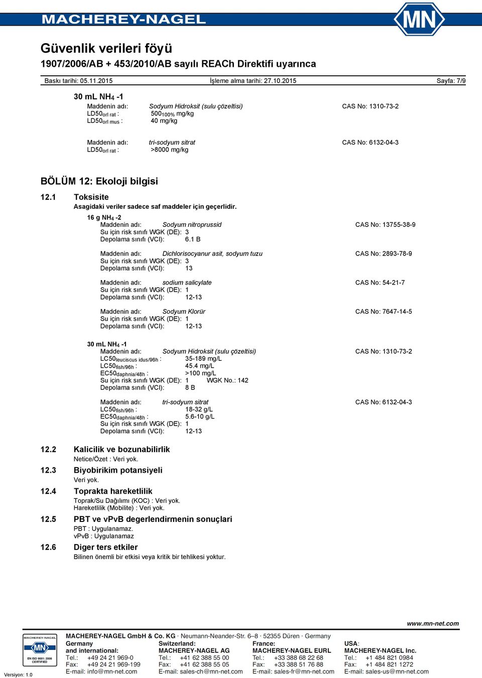 Maddenin adı: Sodyum nitroprussid CAS No: 13755-38-9 Su için risk sınıfı WGK (DE): 3 Depolama sınıfı (VCI): 6.