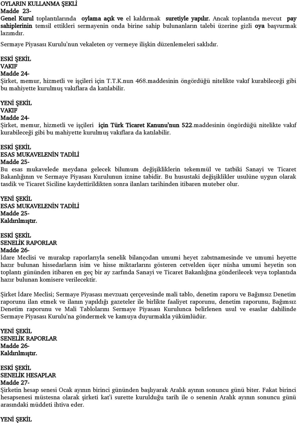 Sermaye Piyasası Kurulu nun vekaleten oy vermeye iliģkin düzenlemeleri saklıdır. VAKIF Madde 24- ġirket, memur, hizmetli ve iģçileri için T.T.K.nun 468.