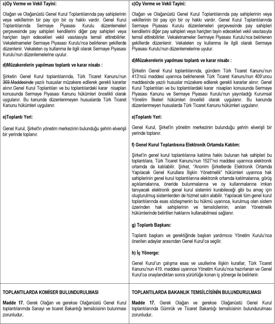 Vekaletnameler Sermaye Piyasası Kurulu nca belirlenen şekillerde düzenlenir. Vekaleten oy kullanma ile ilgili olarak Sermaye Piyasası Kurulu nun düzenlemelerine uyulur.