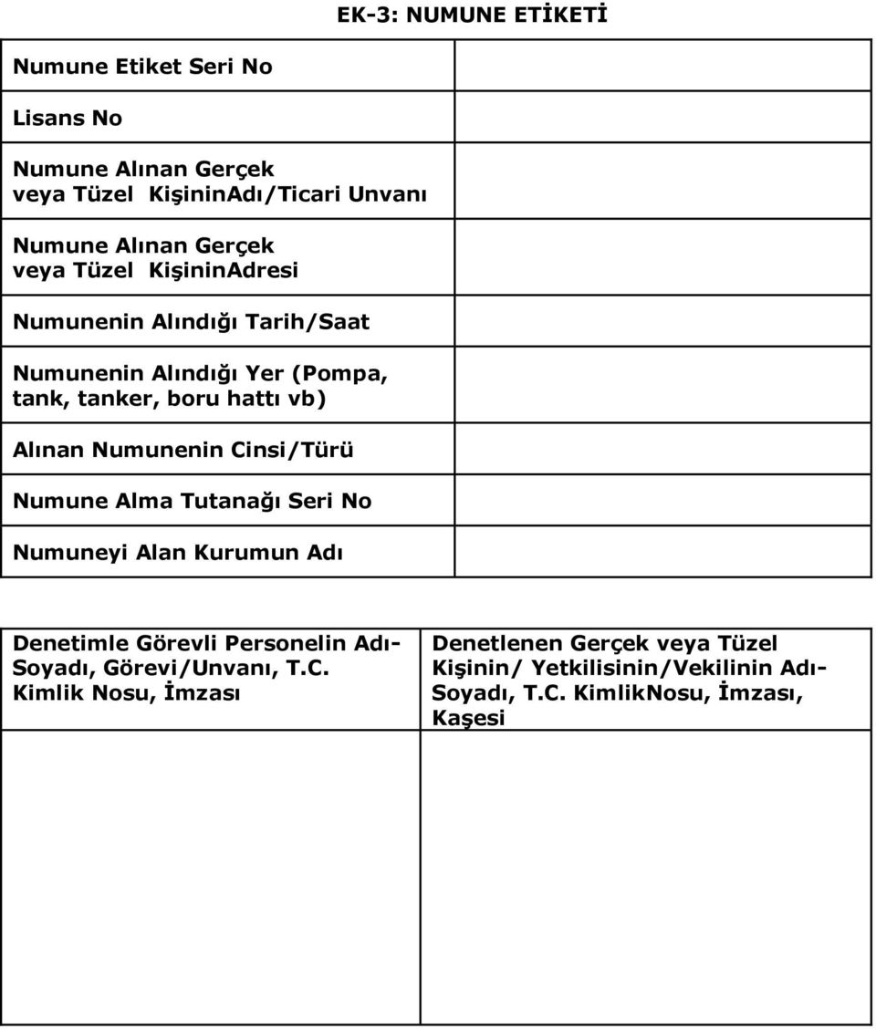 Numunenin Cinsi/Türü Numune Alma Tutanağı Seri No Numuneyi Alan Kurumun Adı Denetimle Görevli Personelin Adı- Soyadı,