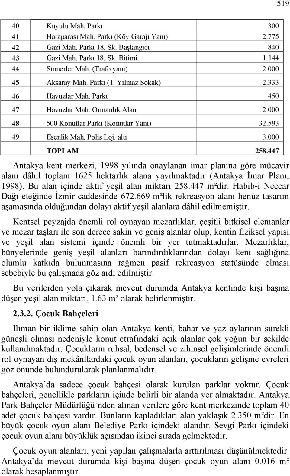 000 TOPLAM 258.447 Antakya kent merkezi, 1998 yılında onaylanan imar planına göre mücavir alanı dâhil toplam 1625 hektarlık alana yayılmaktadır (Antakya İmar Planı, 1998).