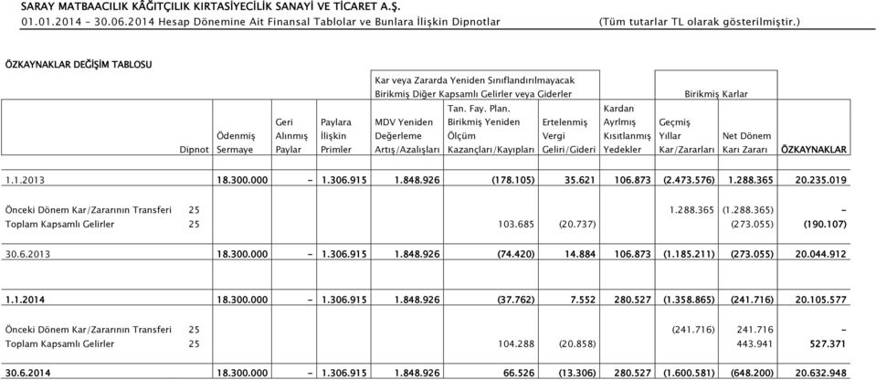 Birikmiş Yeniden Ölçüm Kazançları/Kayıpları Ertelenmiş Vergi Geliri/Gideri Kardan Ayrlmış Kısıtlanmış Yedekler Geçmiş Yıllar Kar/Zararları Net Dönem Karı Zararı ÖZKAYNAKLAR 1.1.2013 18.300.000-1.306.