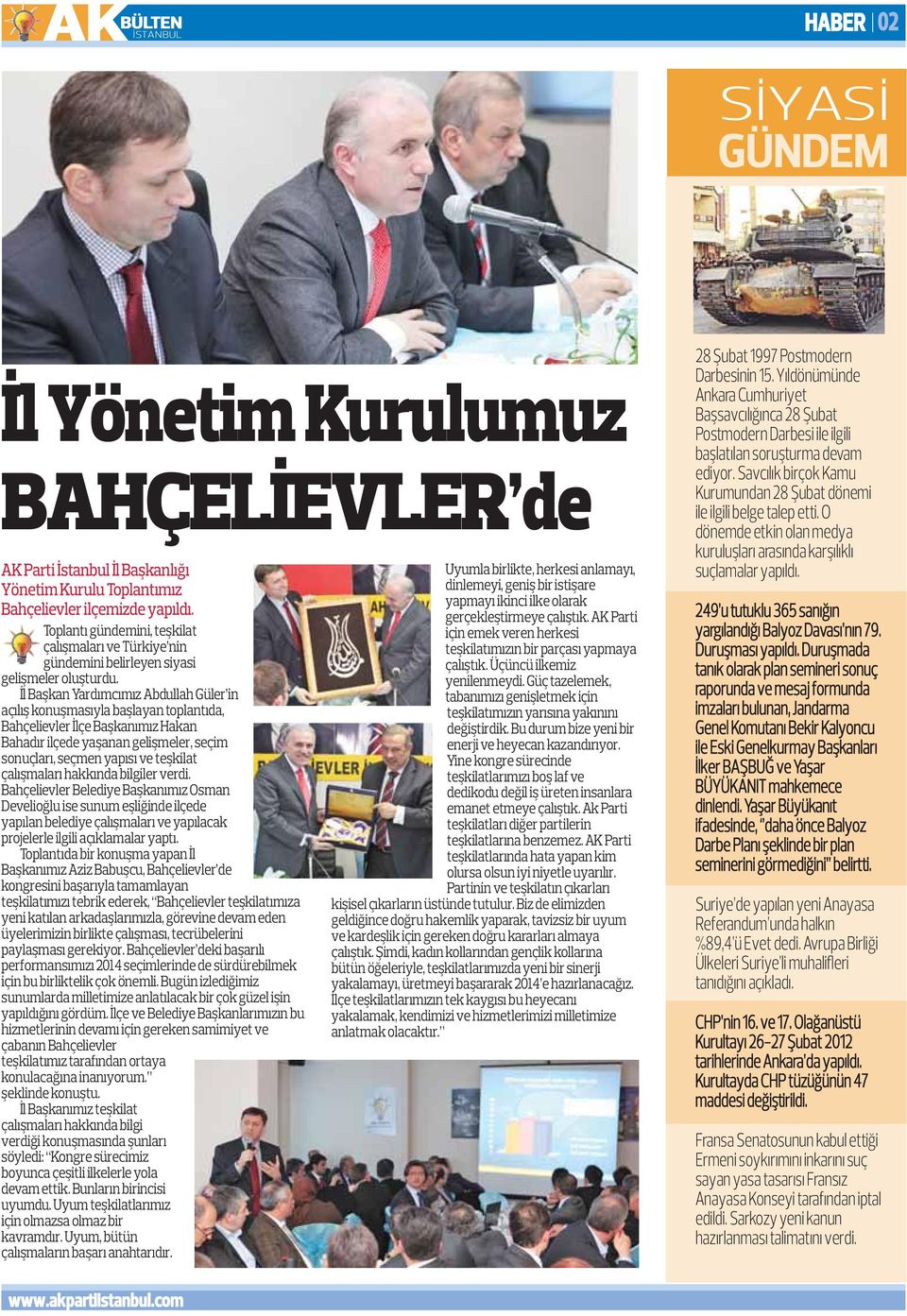 İl Başkan Yardımcımız Abdullah Güler in açılış konuşmasıyla başlayan toplantıda, Bahçelievler İlçe Başkanımız Hakan Bahadır ilçede yaşanan gelişmeler, seçim sonuçları, seçmen yapısı ve teşkilat