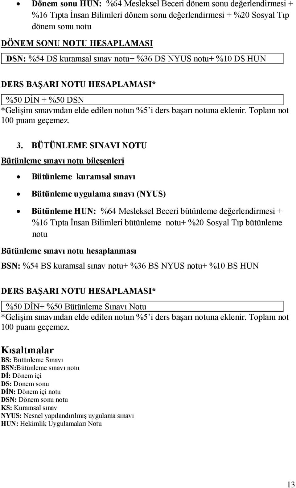 3. BÜTÜNLEME SINAVI NOTU Bütünleme sınavı notu bileşenleri Bütünleme kuramsal sınavı Bütünleme uygulama sınavı (NYUS) Bütünleme HUN: %64 Mesleksel Beceri bütünleme değerlendirmesi + %16 Tıpta İnsan