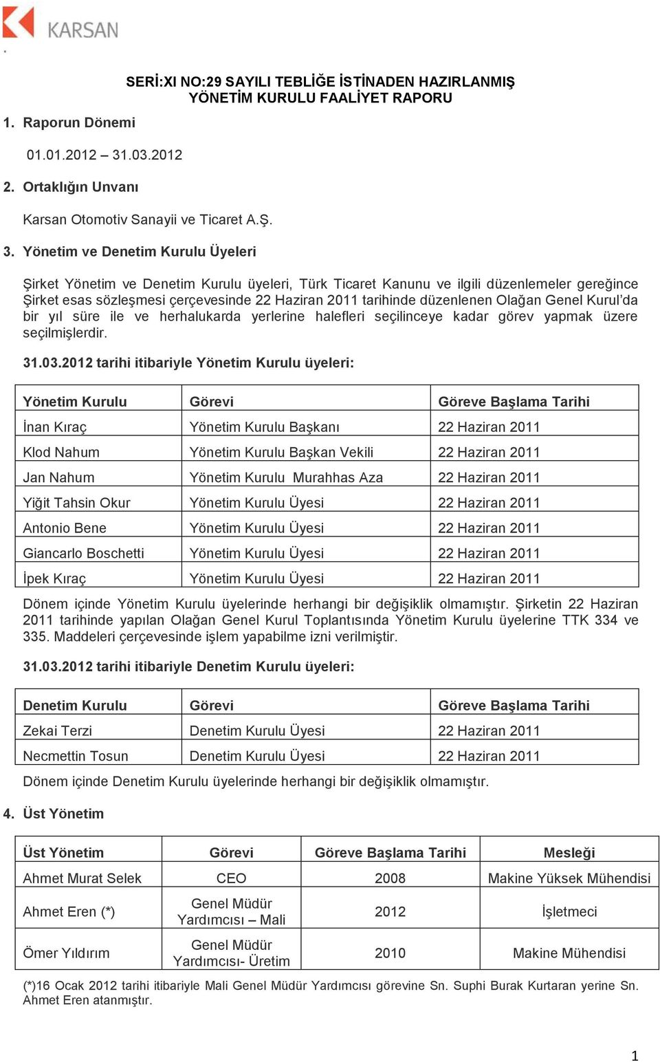 Yönetim ve Denetim Kurulu Üyeleri Şirket Yönetim ve Denetim Kurulu üyeleri, Türk Ticaret Kanunu ve ilgili düzenlemeler gereğince Şirket esas sözleşmesi çerçevesinde 22 Haziran 2011 tarihinde