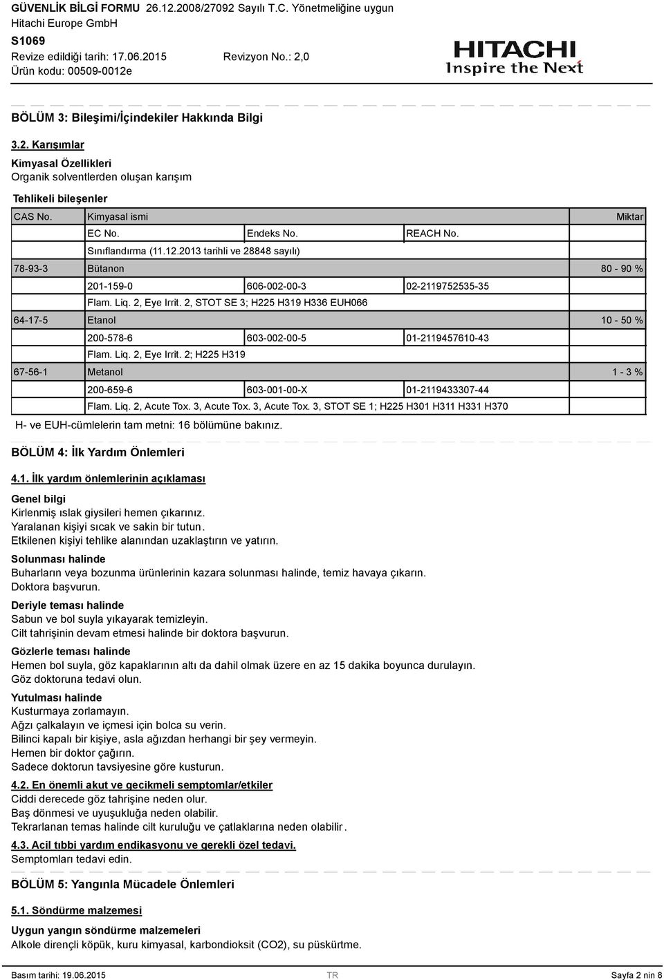 2, STOT SE ; H225 H19 H6 EUH066 64-17-5 Etanol 10-50 % 200-578-6 60-002-00-5 01-2119457610-4 Flam. Liq. 2, Eye Irrit. 2; H225 H19 67-56-1 Metanol 1 - % 200-659-6 60-001-00-X 01-2119407-44 Flam. Liq. 2, Acute Tox.