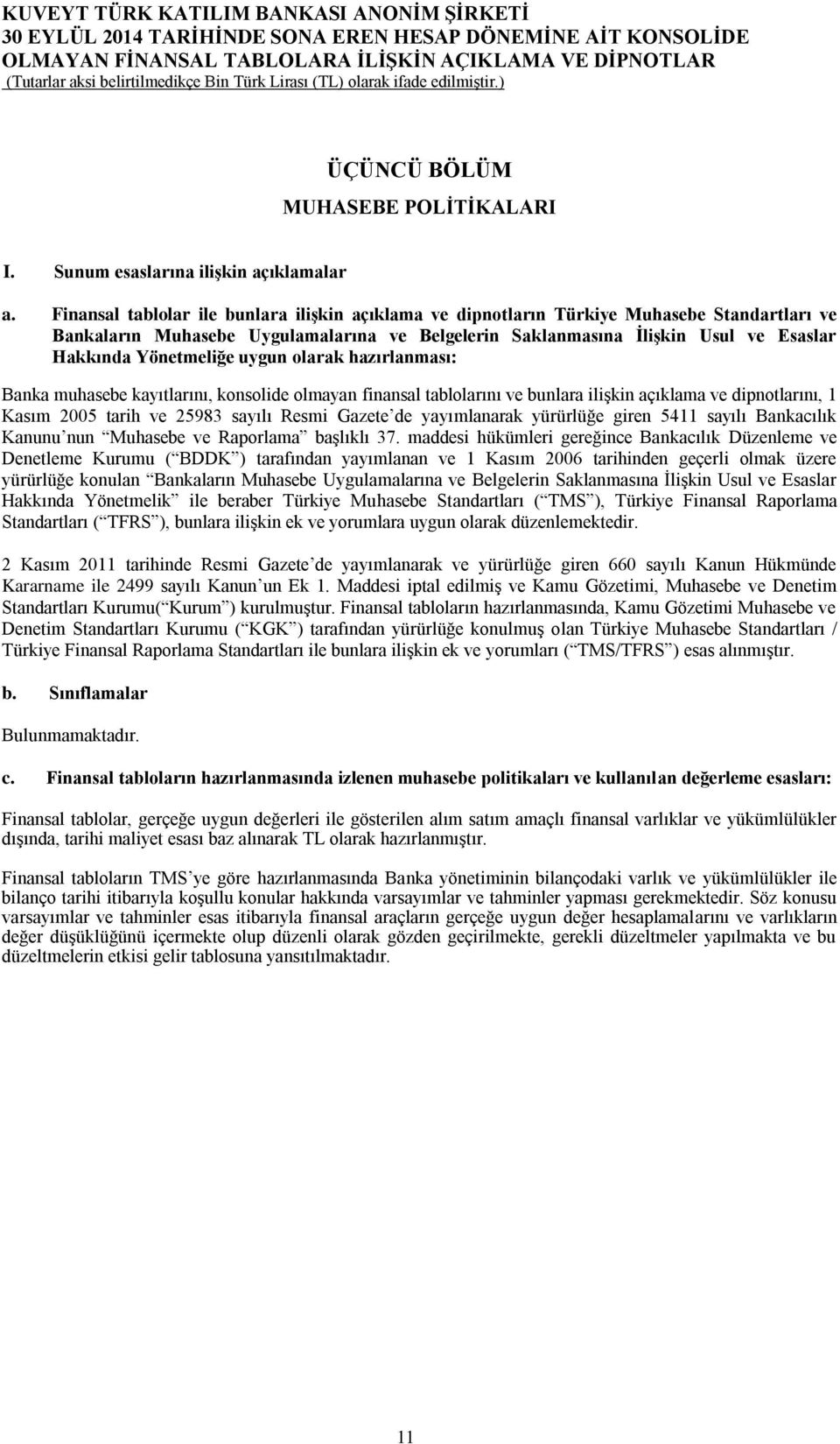 Yönetmeliğe uygun olarak hazırlanması: Banka muhasebe kayıtlarını, konsolide olmayan finansal tablolarını ve bunlara ilişkin açıklama ve dipnotlarını, 1 Kasım 2005 tarih ve 25983 sayılı Resmi Gazete