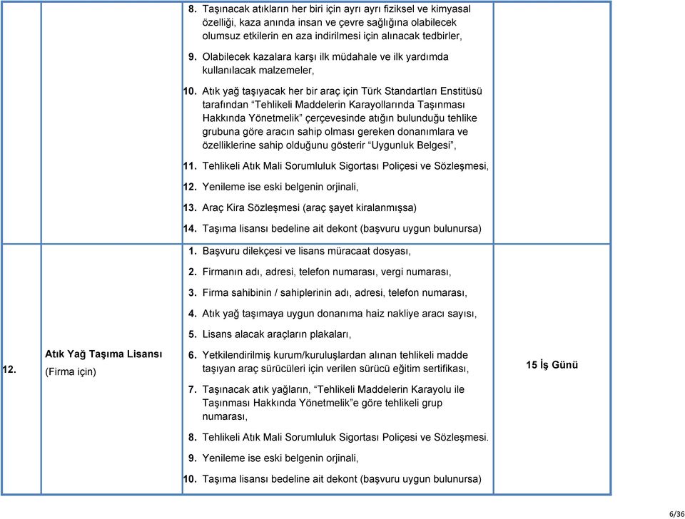 Atık yağ taşıyacak her bir araç için Türk Standartları Enstitüsü tarafından Tehlikeli Maddelerin Karayollarında Taşınması Hakkında Yönetmelik çerçevesinde atığın bulunduğu tehlike grubuna göre aracın