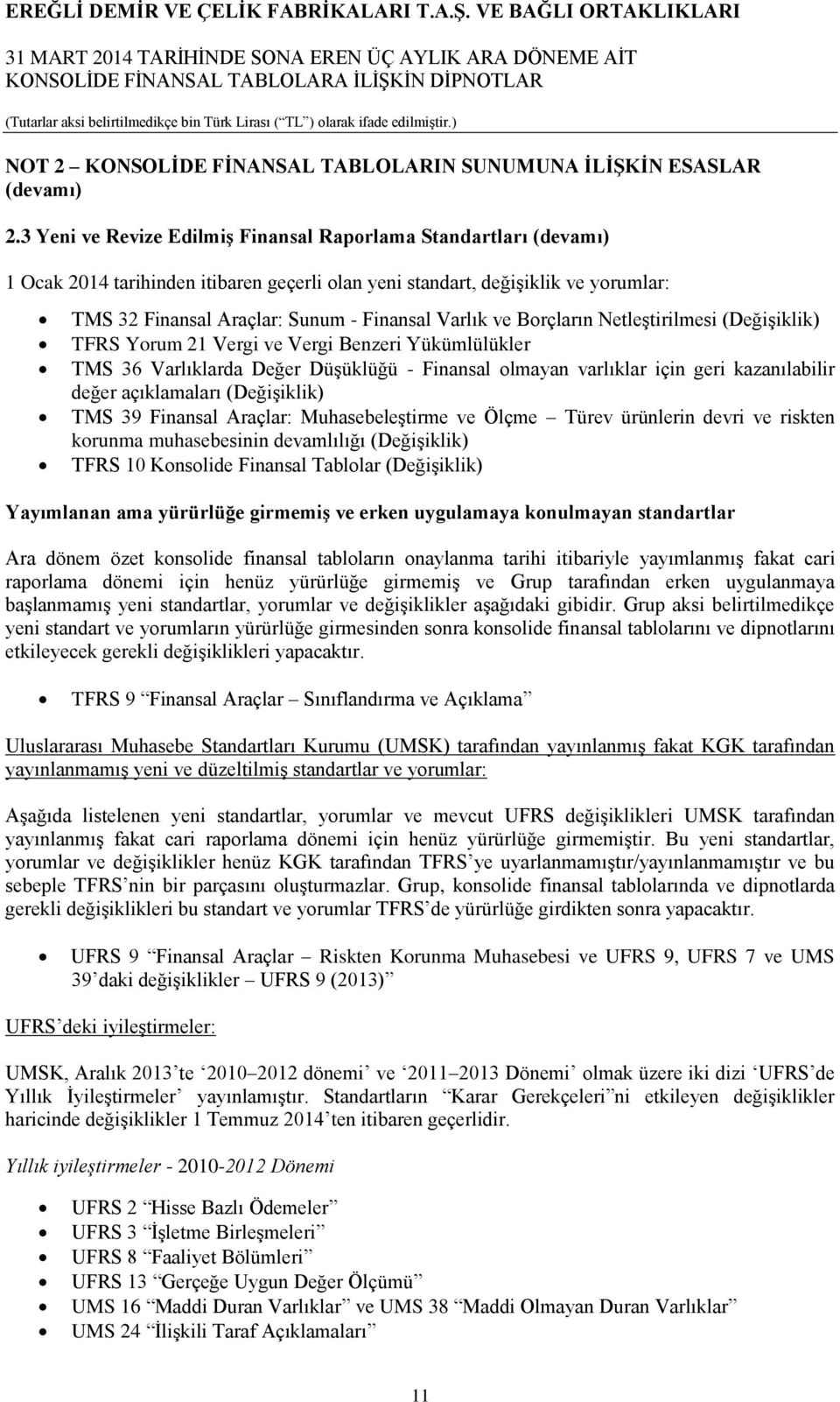 ve Borçların Netleştirilmesi (Değişiklik) TFRS Yorum 21 Vergi ve Vergi Benzeri Yükümlülükler TMS 36 Varlıklarda Değer Düşüklüğü - Finansal olmayan varlıklar için geri kazanılabilir değer açıklamaları