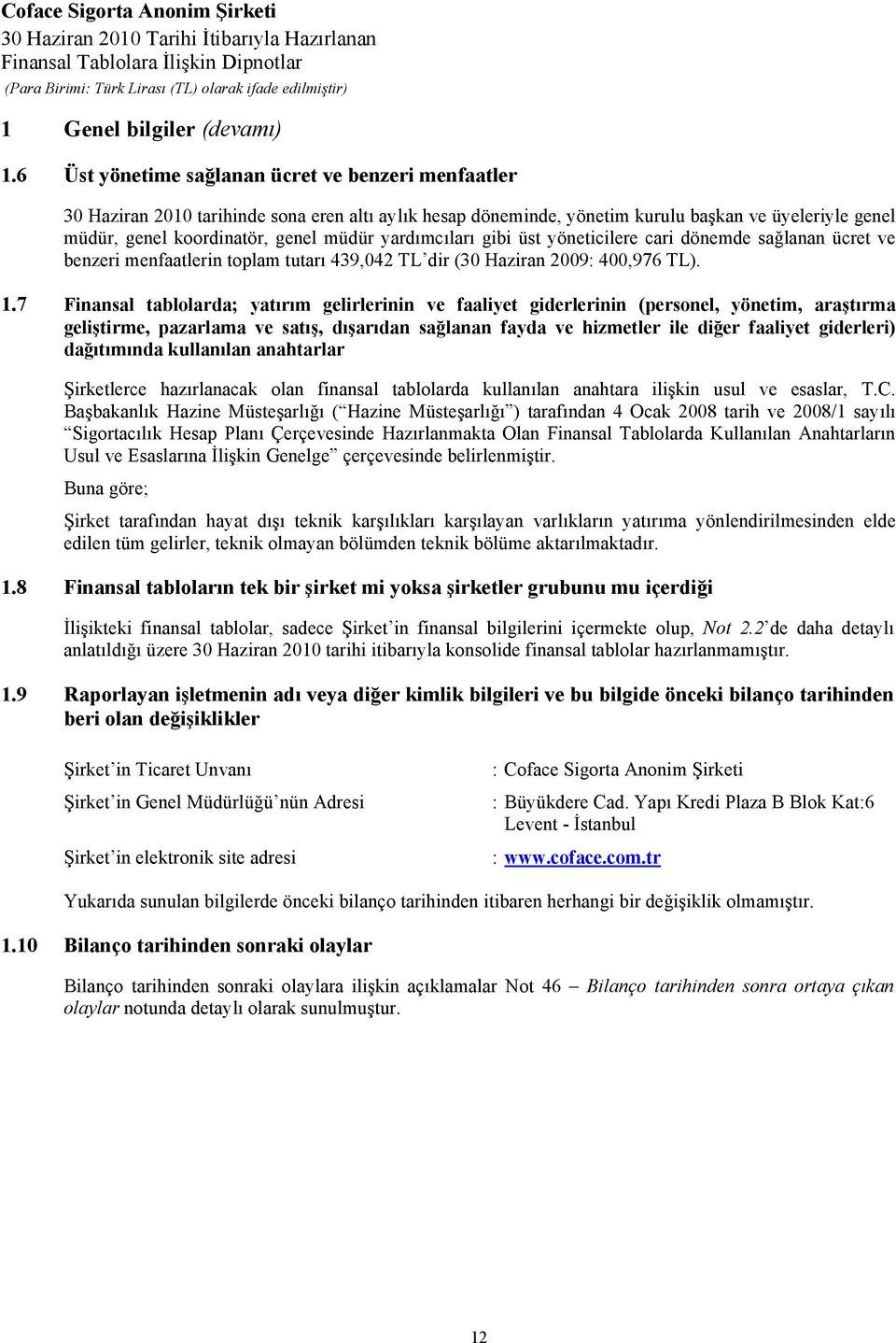 yardımcıları gibi üst yöneticilere cari dönemde sağlanan ücret ve benzeri menfaatlerin toplam tutarı 439,042 TL dir (30 Haziran 2009: 400,976 TL). 1.