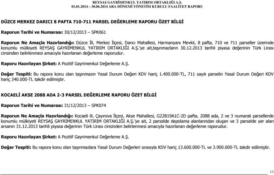 2013 tarihli piyasa değerinin Türk Lirası cinsinden belirlenmesi amacıyla hazırlanan değerleme raporudur. Değer Tespiti: Bu rapora konu olan taşınmazın Yasal Durum Değeri KDV hariç 1.400.