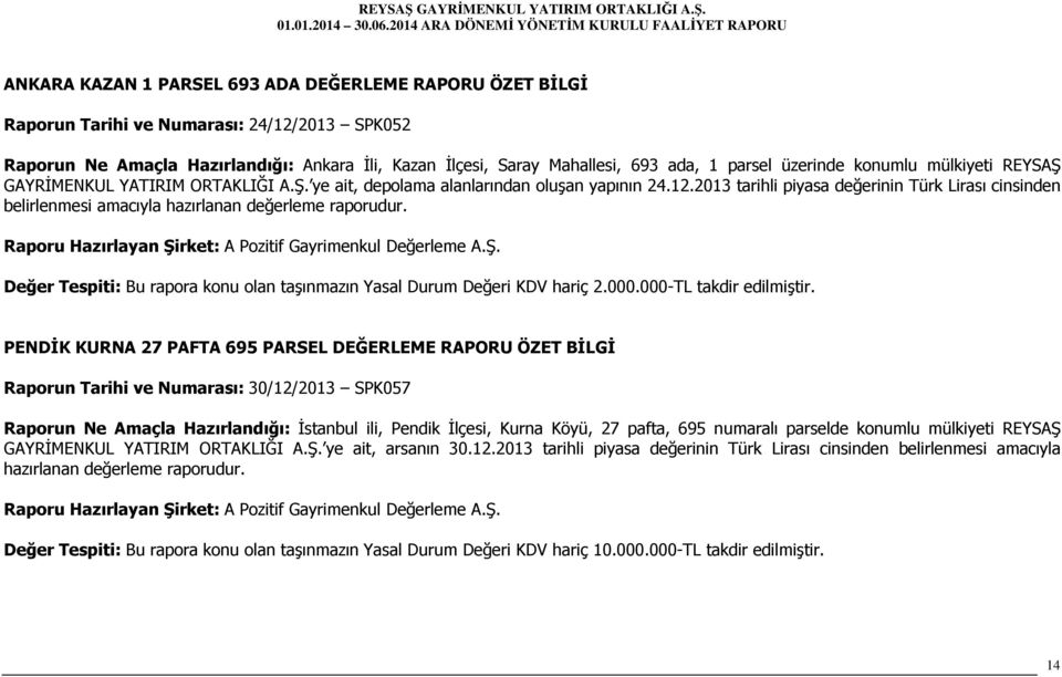 2013 tarihli piyasa değerinin Türk Lirası cinsinden belirlenmesi amacıyla hazırlanan değerleme raporudur. Değer Tespiti: Bu rapora konu olan taşınmazın Yasal Durum Değeri KDV hariç 2.000.