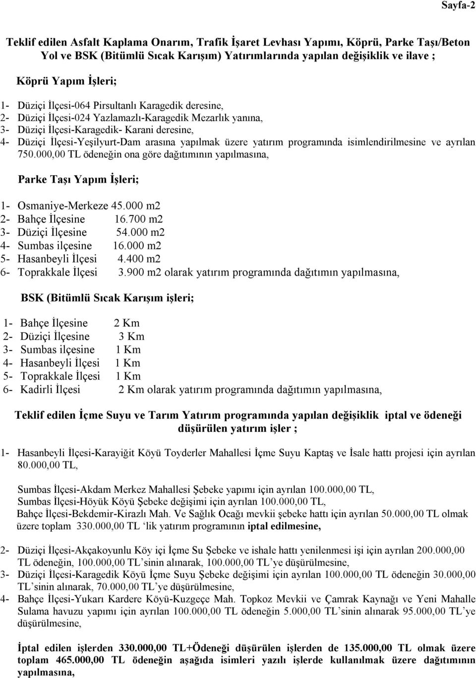 yapılmak üzere yatırım programında isimlendirilmesine ve ayrılan 750.000,00 TL ödeneğin ona göre dağıtımının yapılmasına, Parke Taşı Yapım İşleri; 1- Osmaniye-Merkeze 45.000 m2 2- Bahçe İlçesine 16.