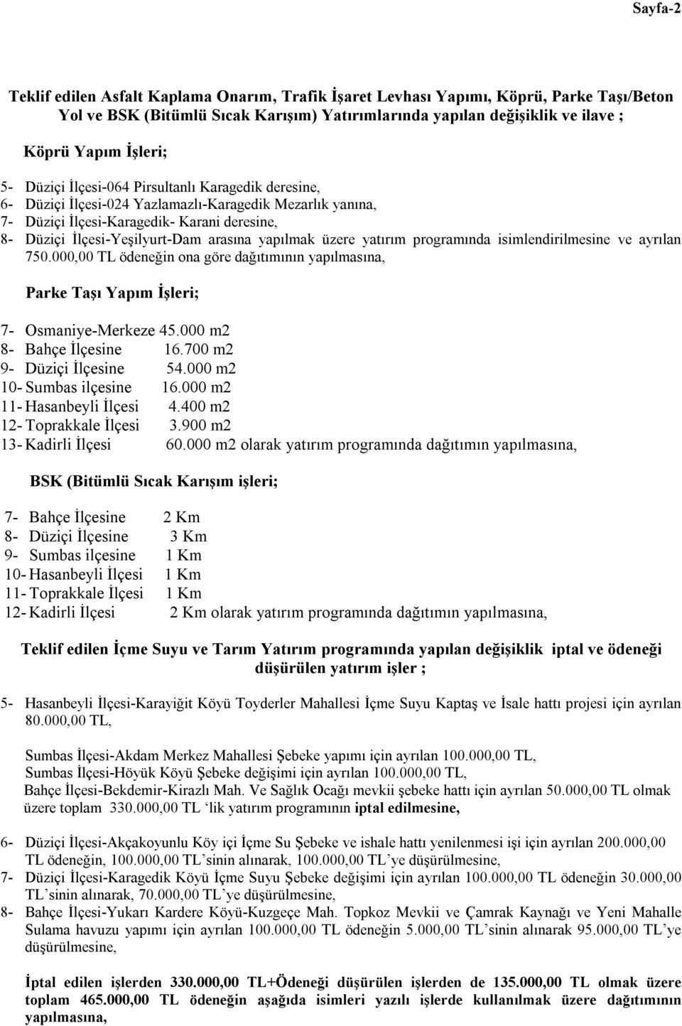 yapılmak üzere yatırım programında isimlendirilmesine ve ayrılan 750.000,00 TL ödeneğin ona göre dağıtımının yapılmasına, Parke Taşı Yapım İşleri; 7- Osmaniye-Merkeze 45.000 m2 8- Bahçe İlçesine 16.