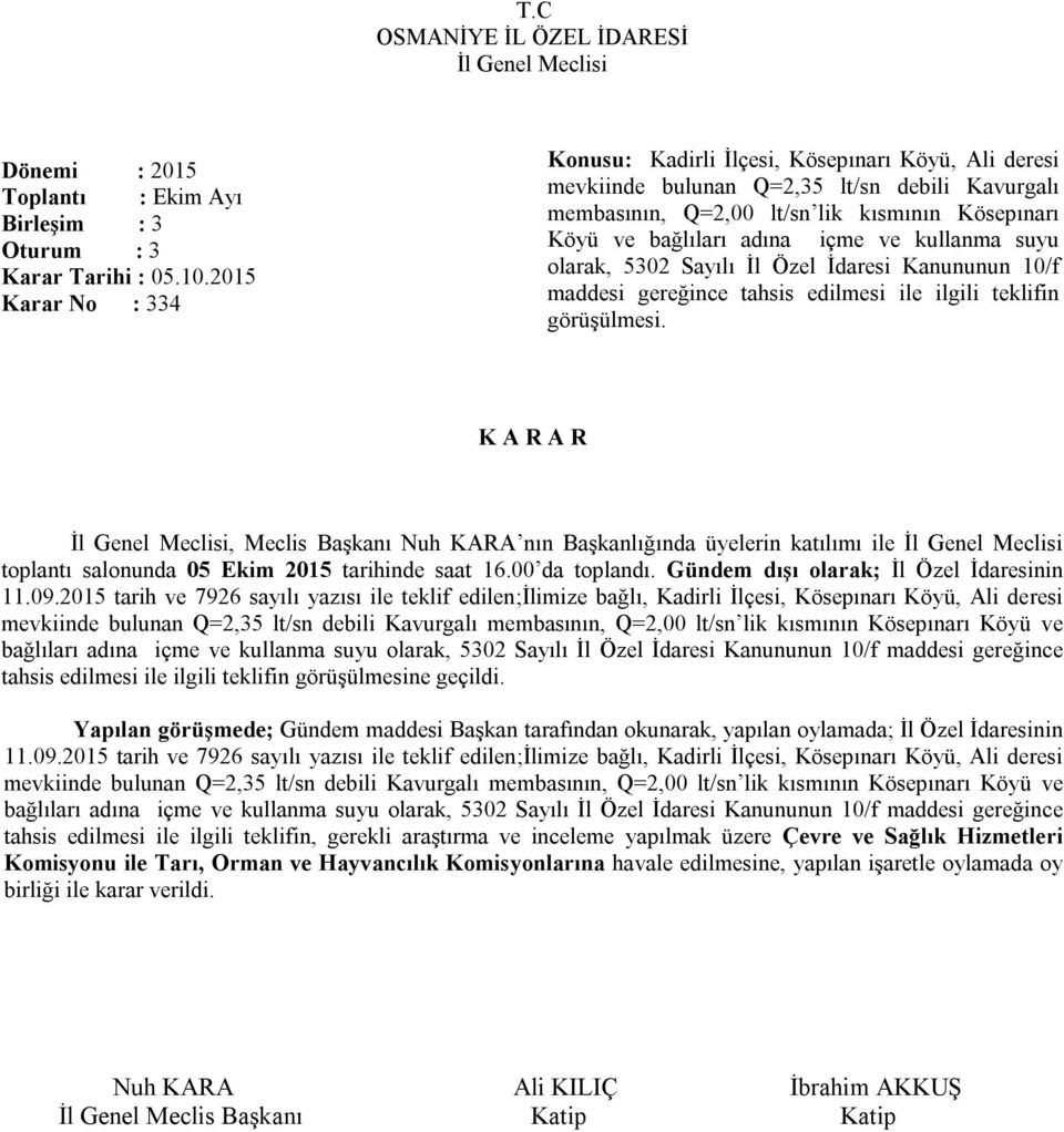 ve kullanma suyu olarak, 5302 Sayılı İl Özel İdaresi Kanununun 10/f maddesi gereğince tahsis edilmesi ile ilgili teklifin görüşülmesi. toplantı salonunda 05 Ekim 2015 tarihinde saat 16.00 da toplandı.