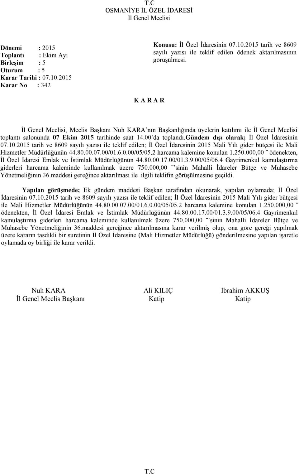 2015 tarih ve 8609 sayılı yazısı ile teklif edilen; İl Özel İdaresinin 2015 Mali Yılı gider bütçesi ile Mali Hizmetler Müdürlüğünün 44.80.00.07.00/01.6.0.00/05/05.2 harcama kalemine konulan 1.250.