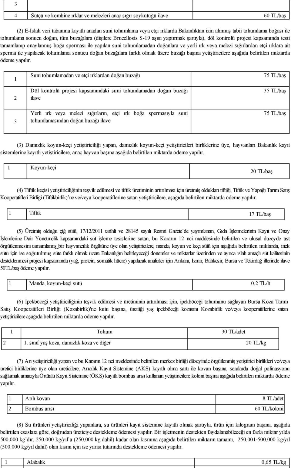 tohumlamadan doğanlara ve yerli ırk veya melezi sığırlardan etçi ırklara ait sperma ile yapılacak tohumlama sonucu doğan buzağılara farklı olmak üzere buzağı başına yetiştiricilere aşağıda belirtilen