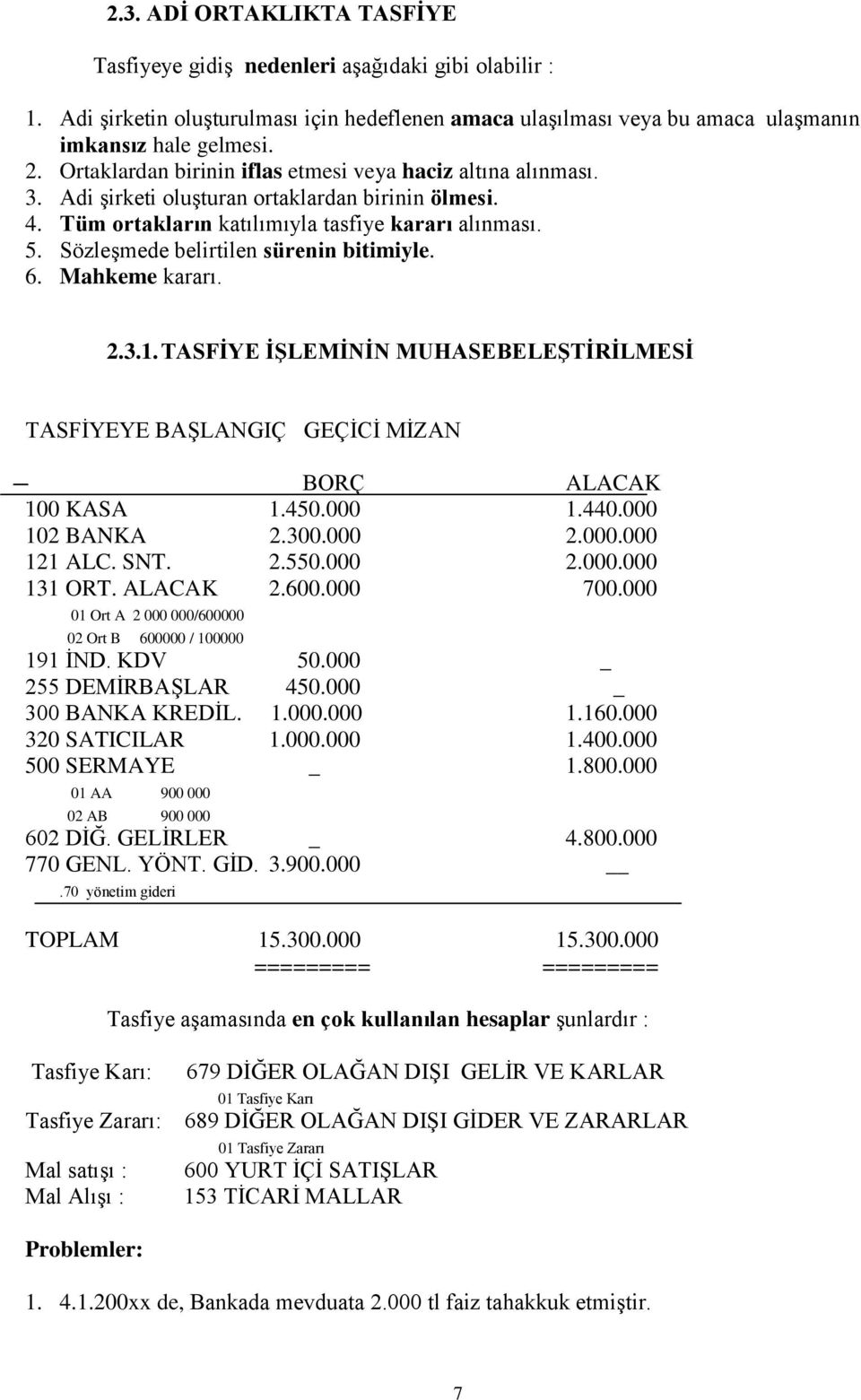 SözleĢmede belirtilen sürenin bitimiyle. 6. Mahkeme kararı. 2.3.1. TASFĠYE ĠġLEMĠNĠN MUHASEBELEġTĠRĠLMESĠ TASFĠYEYE BAġLANGIÇ GEÇĠCĠ MĠZAN BORÇ ALACAK 100 KASA 1.450.000 1.440.000 102 BANKA 2.300.