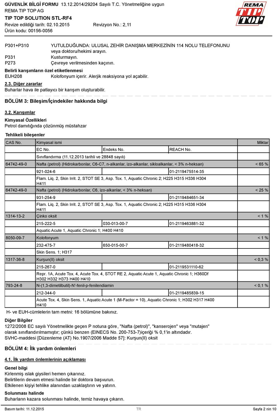 BÖLÜM : Bileşim/İçindekiler hakkında bilgi.2. Karışımlar Kimyasal Özellikleri Petrol damıtığında çözünmüş müstahzar Tehlikeli bileşenler CAS No. Kimyasal ismi EC No. Endeks No. REACH No.