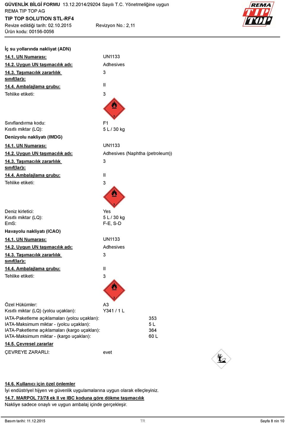 1. UN Numarası: UN11 14.