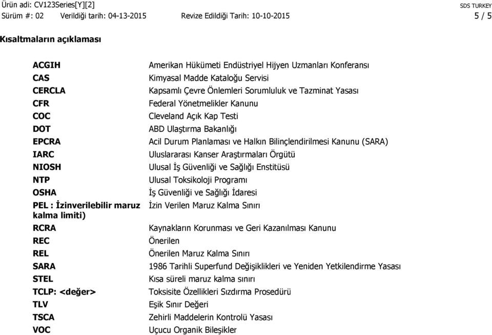 Önlemleri Sorumluluk ve Tazminat Yasası Federal Yönetmelikler Kanunu Cleveland Açık Kap Testi ABD Ulaştırma Bakanlığı Acil Durum Planlaması ve Halkın Bilinçlendirilmesi Kanunu (SARA) Uluslararası