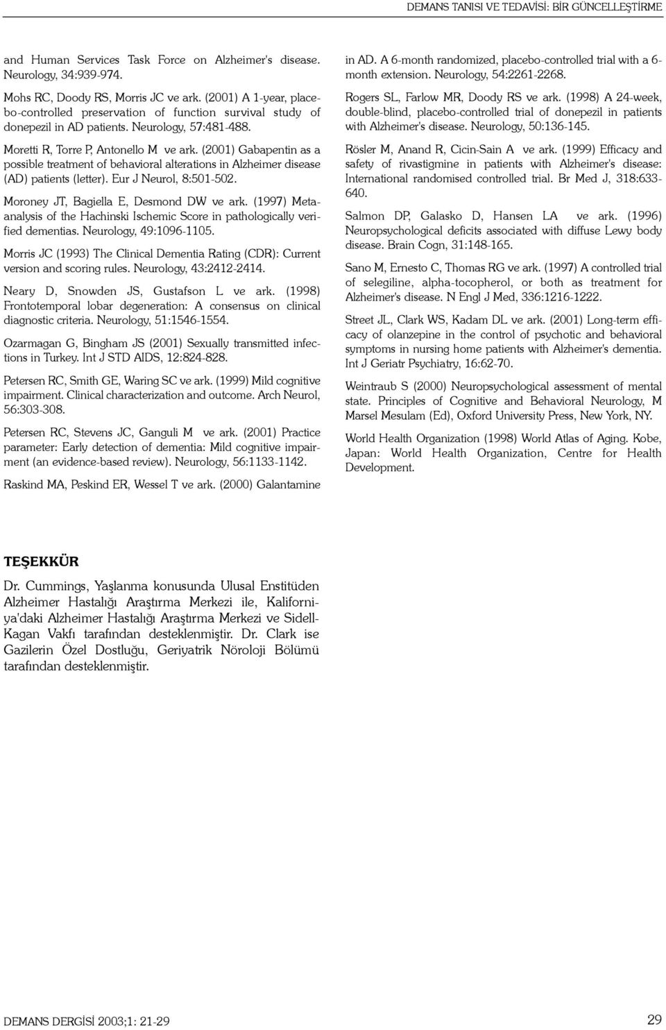 (2001) Gabapentin as a possible treatment of behavioral alterations in Alzheimer disease (AD) patients (letter). Eur J Neurol, 8:501-502. Moroney JT, Bagiella E, Desmond DW ve ark.