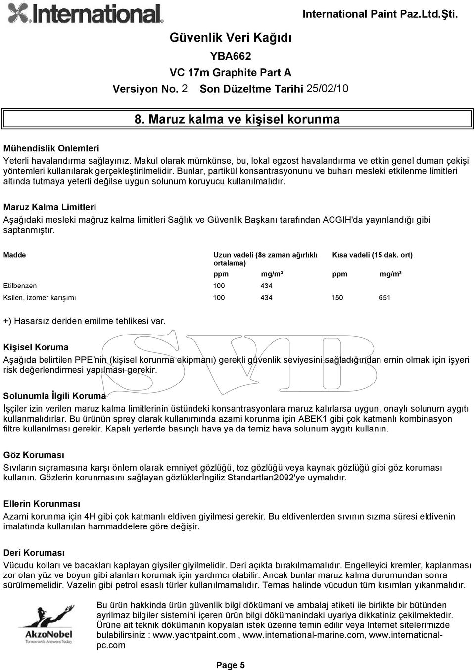 Bunlar, partikül konsantrasyonunu ve buharı mesleki etkilenme limitleri altında tutmaya yeterli değilse uygun solunum koruyucu kullanılmalıdır.