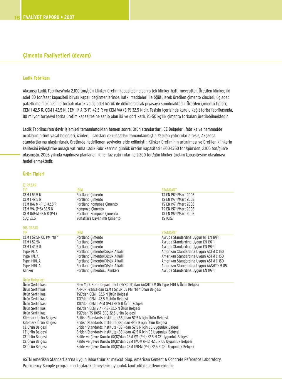 ile dökme olarak piyasaya sunulmaktad r. Üretilen çimento tipleri; CEM I 42.5 R, CEM I 42.5 N, CEM II/ A (S-P) 42.5 R ve CEM V/A (S-P) 32.5 N'dir.