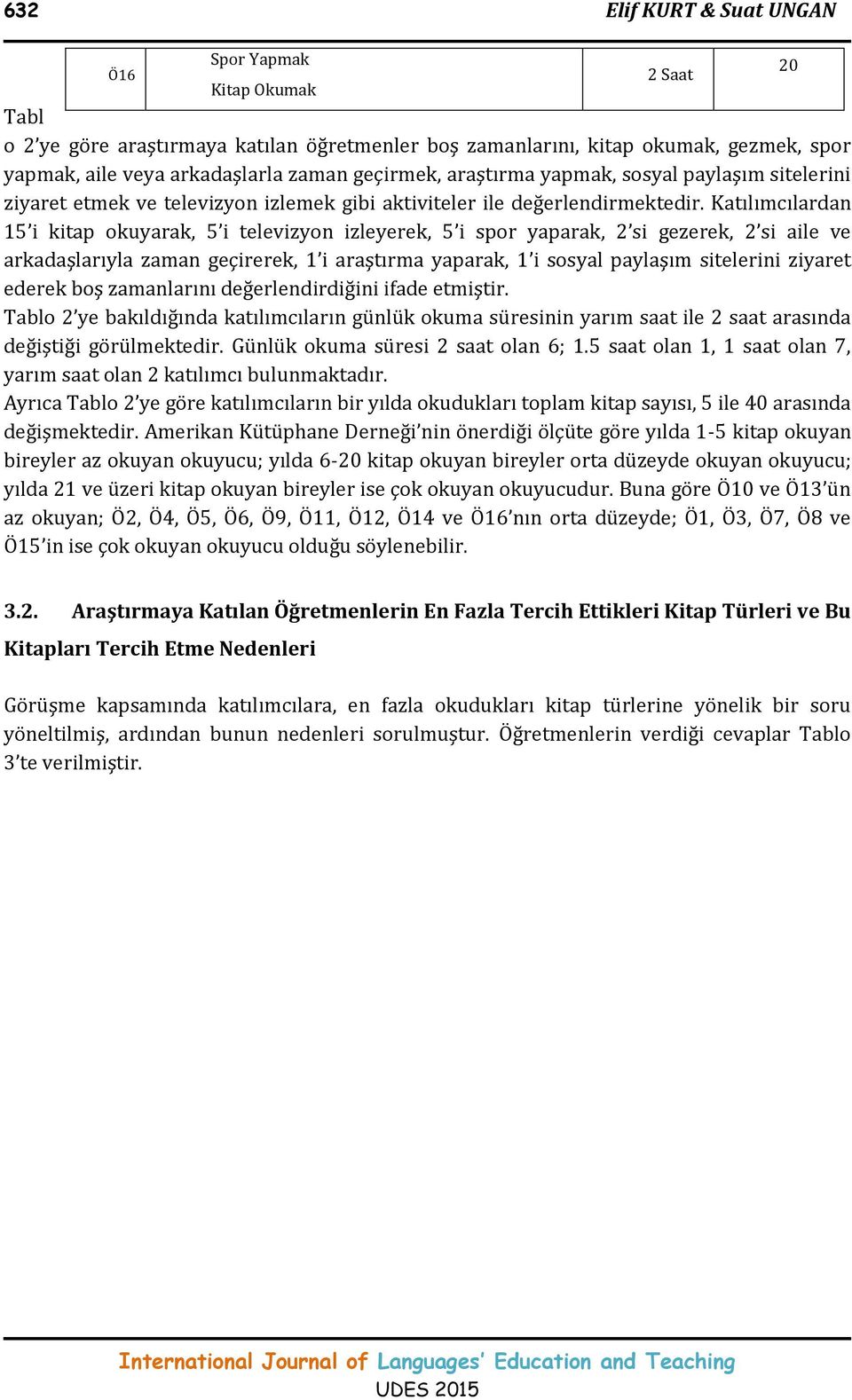 Katılımcılardan 15 i kitap okuyarak, 5 i televizyon izleyerek, 5 i spor yaparak, 2 si gezerek, 2 si aile ve arkadaşlarıyla zaman geçirerek, 1 i araştırma yaparak, 1 i sosyal paylaşım sitelerini