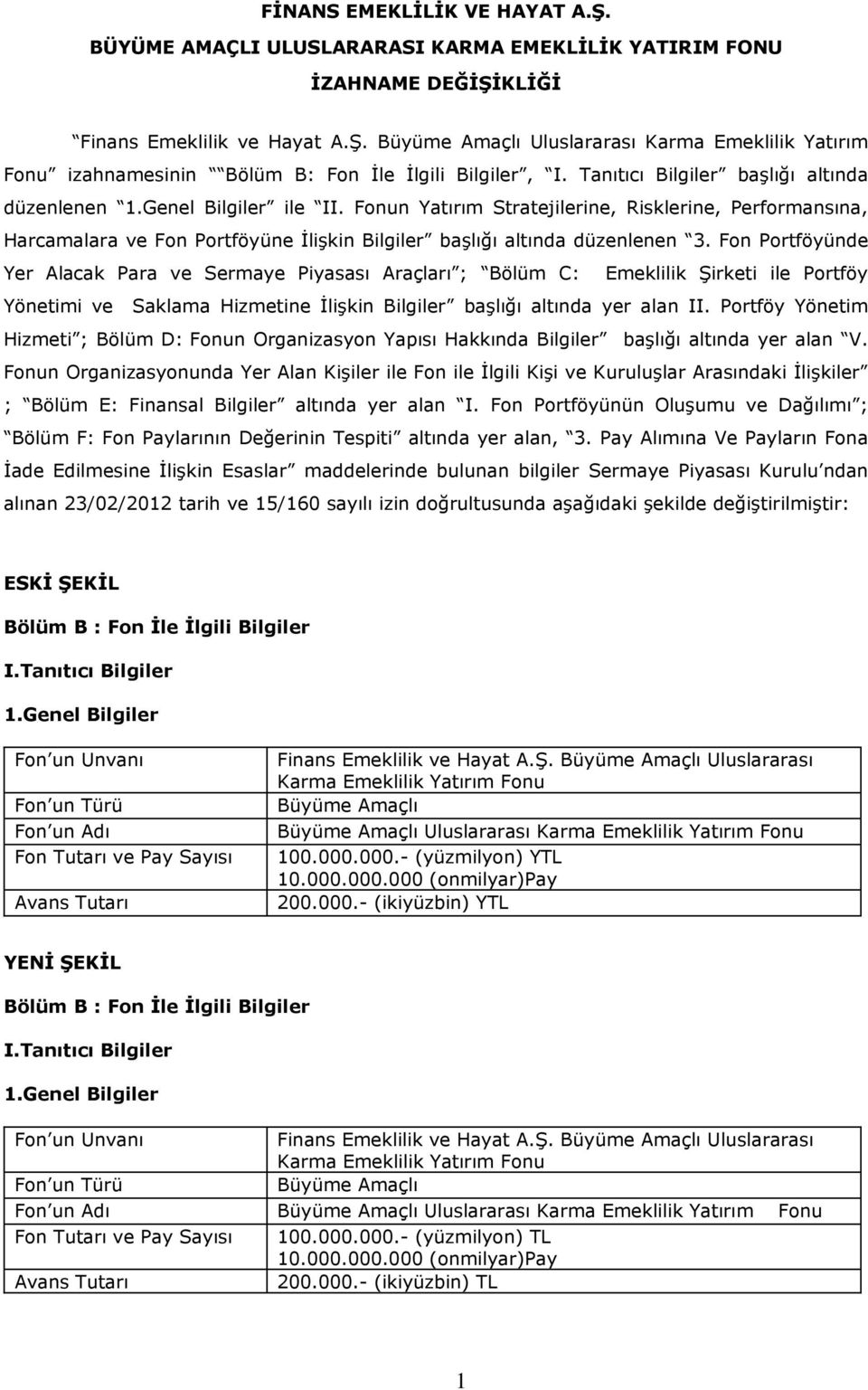 Fon ünde Yer Alacak Para ve Sermaye Piyasası Araçları ; Bölüm C: Emeklilik Şirketi ile Yönetimi ve Saklama Hizmetine İlişkin Bilgiler başlığı altında yer alan II.