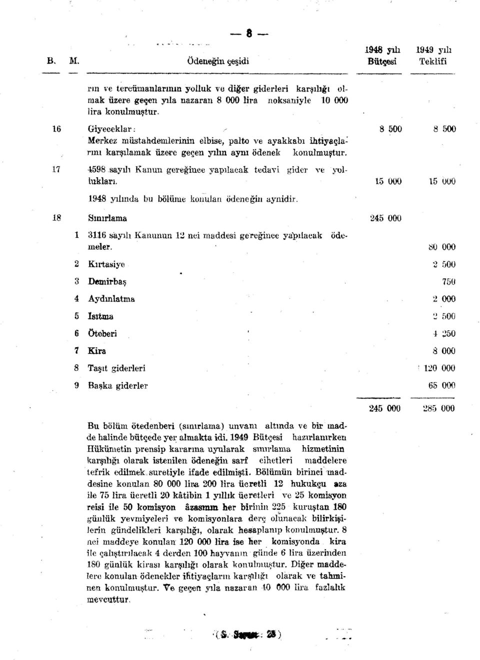 7 4598 sayılı Kanun gereğince yapılacak tedavi gider ve yollukları. 5 5 948 yılında bu bölüme konulan ödeneğin aynidir. 8 Sınırlama 245 36 sayılı Kanunun 2 nci maddesi gereğince yakılacak ödemeler.