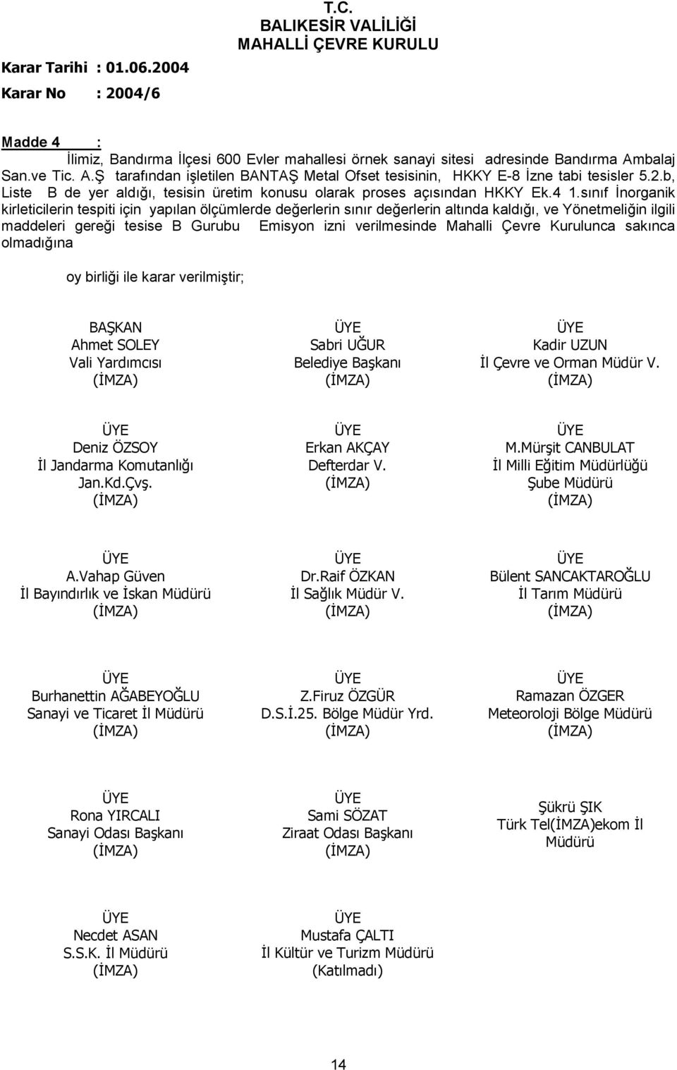 snf #norganik kirleticilerin tespiti için yaplan ölçümlerde deerlerin snr deerlerin altnda kald, ve Yönetmeliin ilgili maddeleri gerei tesise B Gurubu Emisyon izni verilmesinde Mahalli Çevre