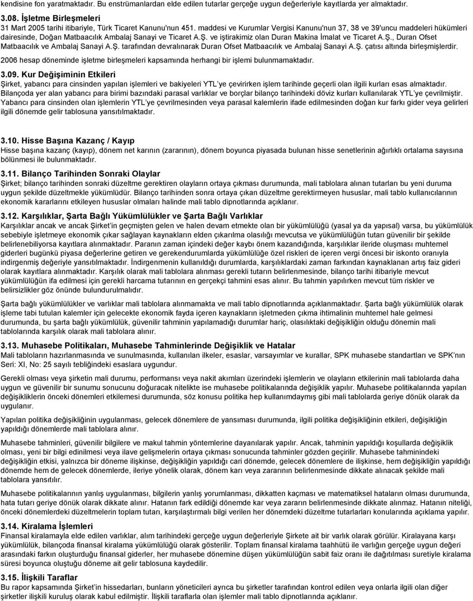 maddesi ve Kurumlar Vergisi Kanunu'nun 37, 38 ve 39'uncu maddeleri hükümleri dairesinde, Doğan Matbaacılık Ambalaj Sanayi ve Ticaret A.Ş. ve iştirakimiz olan Duran Makina İmalat ve Ticaret A.Ş., Duran Ofset Matbaacılık ve Ambalaj Sanayi A.