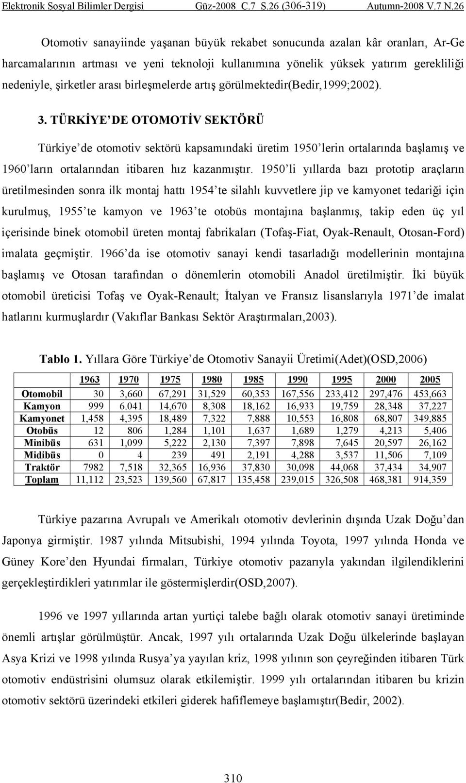 TÜRKİYE DE OTOMOTİV SEKTÖRÜ Türkiye de otomotiv sektörü kapsamındaki üretim 1950 lerin ortalarında başlamış ve 1960 ların ortalarından itibaren hız kazanmıştır.