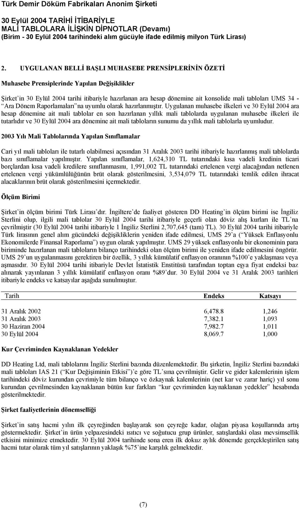 Uygulanan muhasebe ilkeleri ve 30 Eylül ara hesap dönemine ait mali tablolar en son hazırlanan yıllık mali tablolarda uygulanan muhasebe ilkeleri ile tutarlıdır ve 30 Eylül ara dönemine ait mali