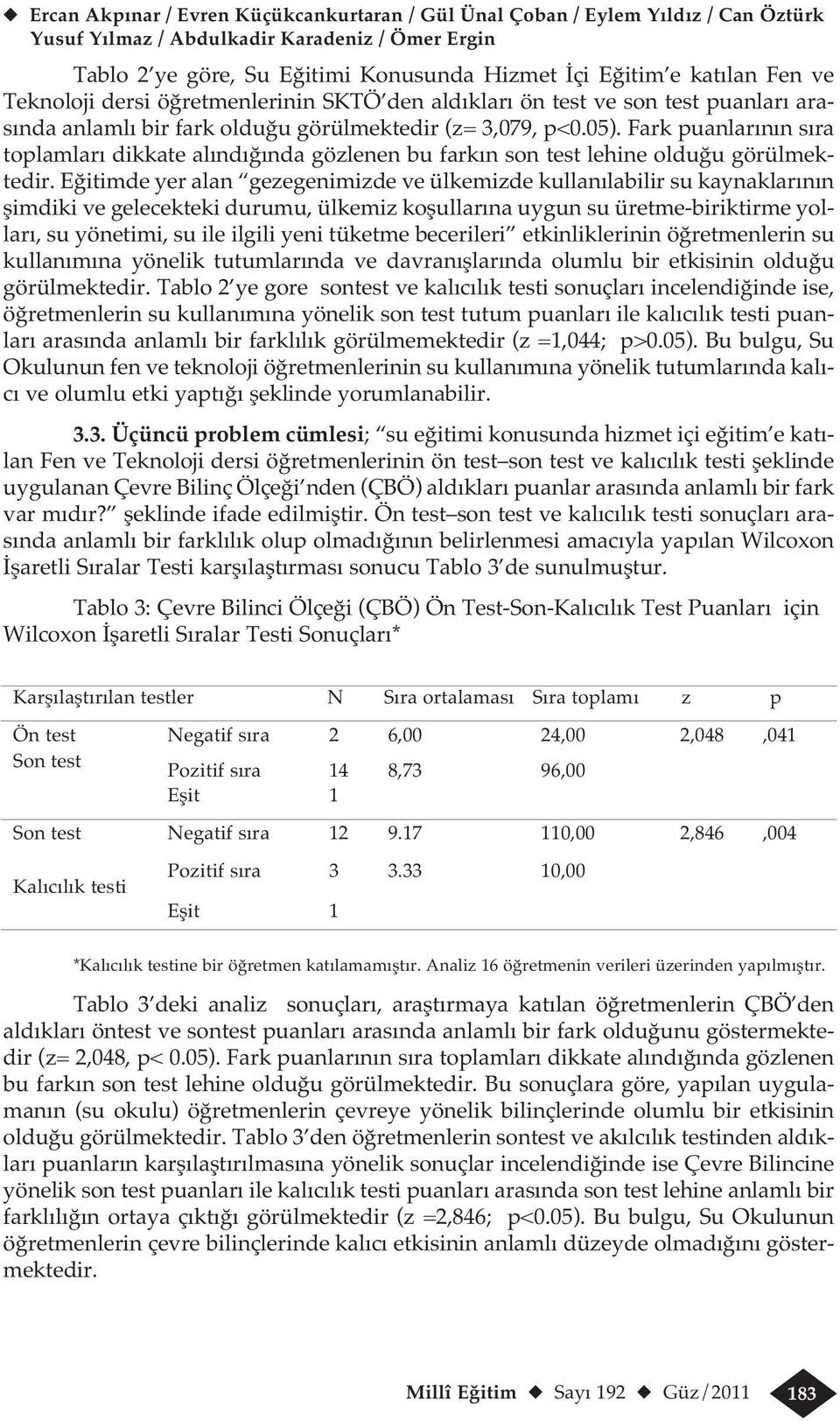 Fark puanlarının sıra toplamları dikkate alındığında gözlenen bu farkın son test lehine olduğu görülmektedir.