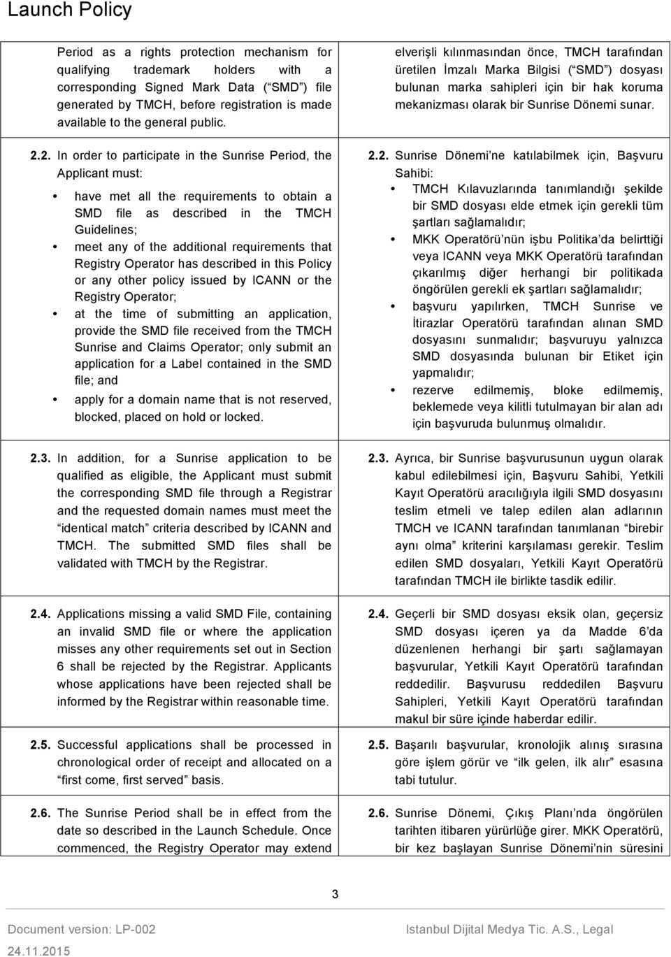 2. In order to participate in the Sunrise Period, the Applicant must: have met all the requirements to obtain a SMD file as described in the TMCH Guidelines; meet any of the additional requirements