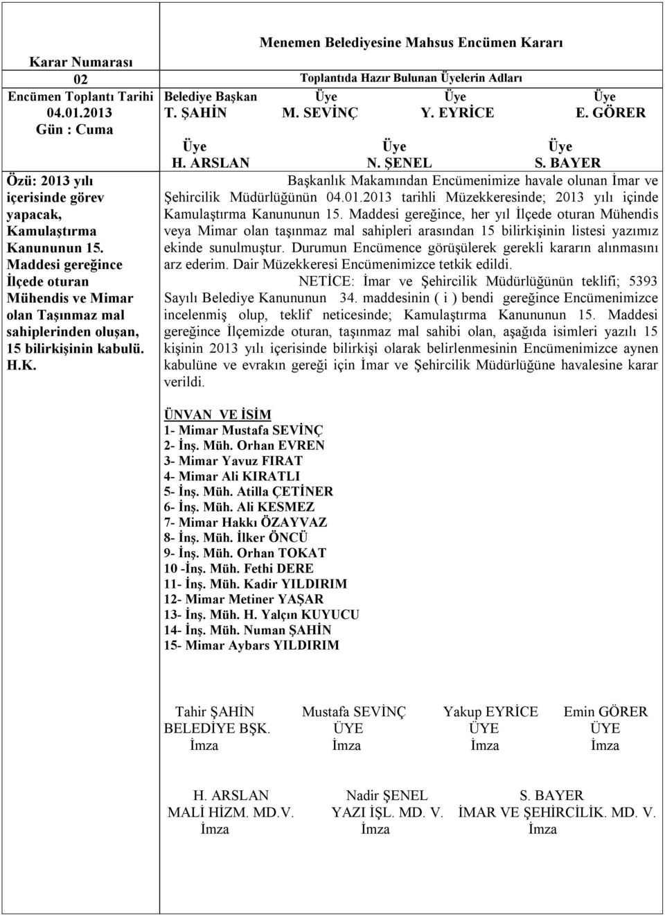 BAYER Başkanlık Makamından Encümenimize havale olunan İmar ve Şehircilik Müdürlüğünün 04.01.2013 tarihli Müzekkeresinde; 2013 yılı içinde Kamulaştırma Kanununun 15.